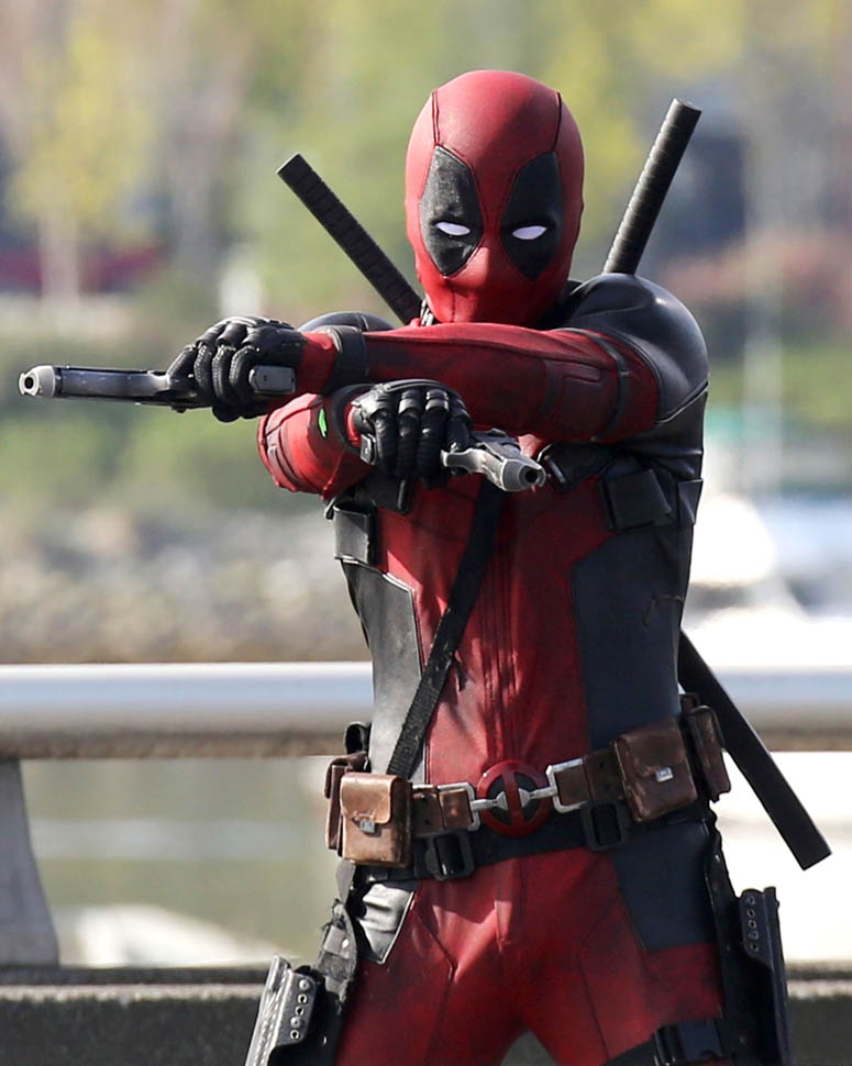 51703734 Actor Ryan Reynolds suits up to film and action scene on a viaduct for "Deadpool" on April 7, 2015 in Vancouver, Canada. The new Marvel movie tells the story of a former Special Forces operative turned mercenary who is subjected to a rogue experiment that leaves him with accelerated healing powers. FameFlynet, Inc - Beverly Hills, CA, USA - +1 (818) 307-4813
